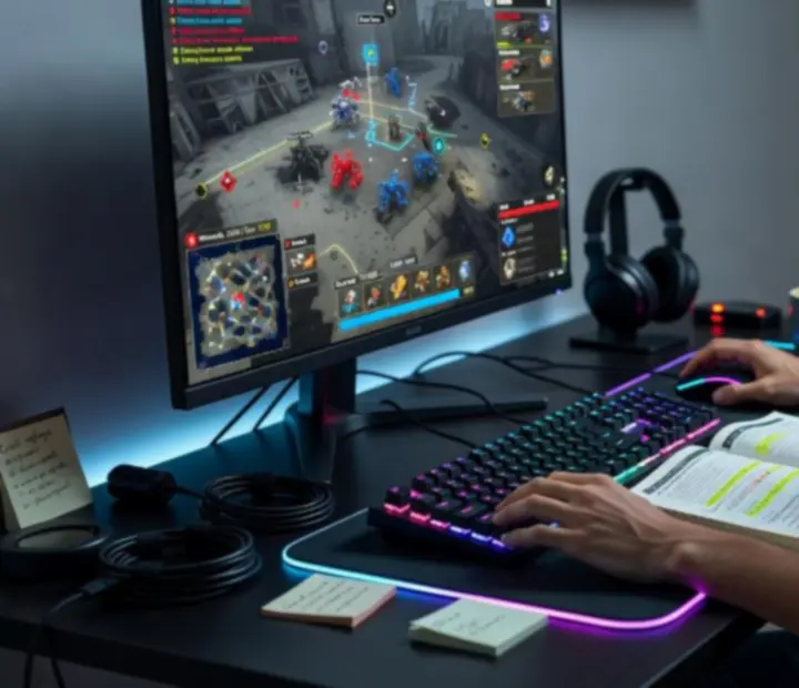 Początkujący gracz analizujący mapę strategiczną na monitorze
