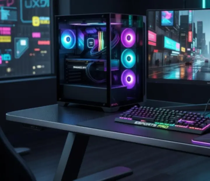 Nowoczesne stanowisko esportowe z komputerem PC, monitorem 240 Hz, klawiaturą mechaniczną i myszą gamingową