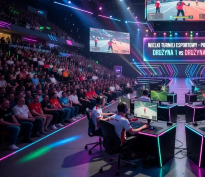 Ciemna futurystyczna arena esportowa z podświetlonymi stanowiskami graczy PC i publicznością