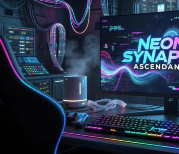Ilustracja przedstawiająca kinowe keyart nowych gier PC w futurystycznym, neonowym stylu