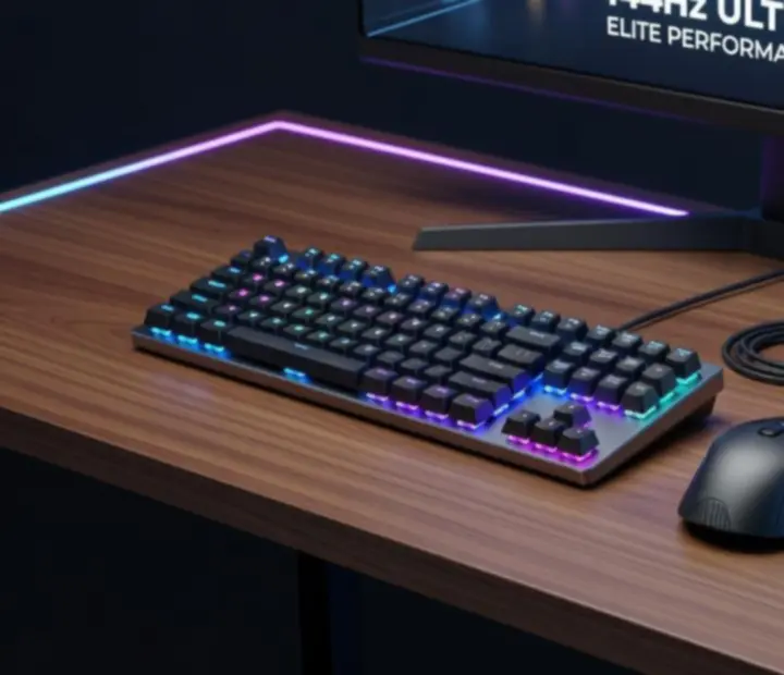 Zestaw sprzętu gamingowego PC: klawiatura, mysz, słuchawki i monitor