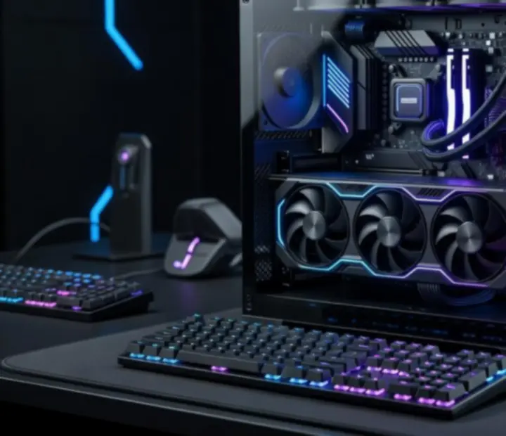 Zestaw gamingowego sprzętu PC: karta graficzna, monitor, klawiatura i mysz