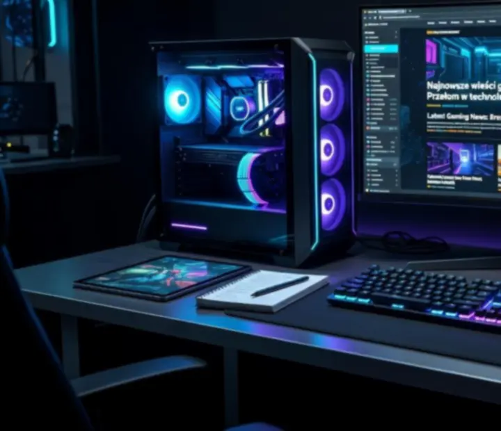 Nowoczesna scena gamingowa z komputerem PC, ultrawide monitorem i RGB podświetleniem w redakcyjnym newsroomie