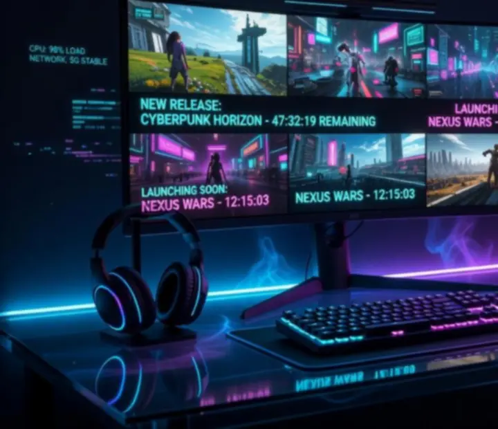 Cinematiczna scena z futurystycznym stanowiskiem PC, ekranami z różnymi światami gier oraz neonowym oświetleniem