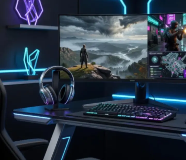 Nowoczesny zestaw gamingowy z ultrapanoramicznym monitorem, komputerem PC i oświetleniem RGB