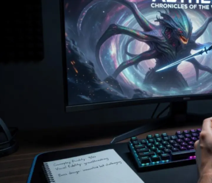 Dynamiczna scena z nowej gry PC z futurystycznym miastem i neonowym oświetleniem