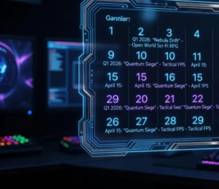 Futurystyczny kalendarz premier gier PC wyświetlony na ekranie gamingowego monitora