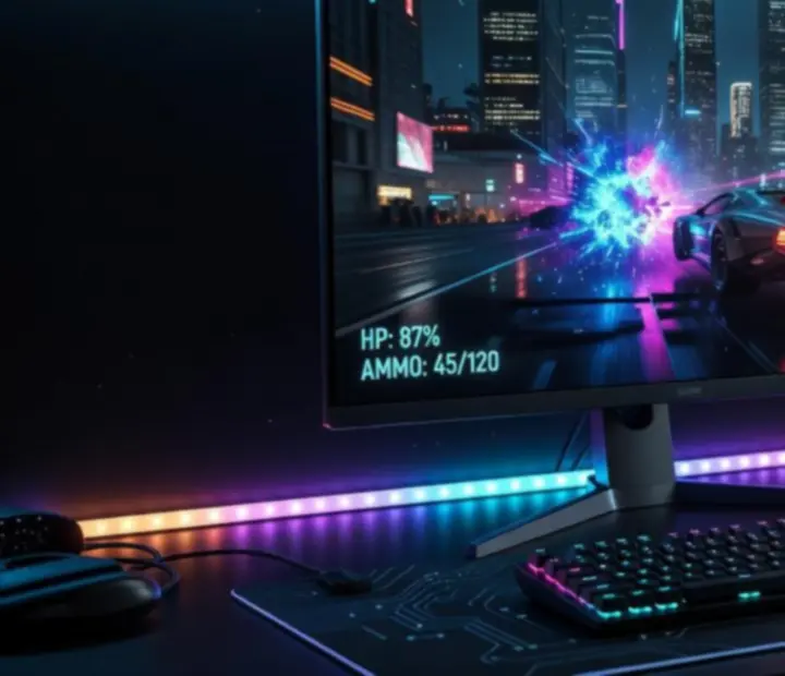 Monitor gamingowy na biurku w ciemnym pokoju gracza