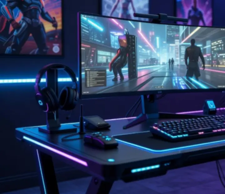 Nowoczesne stanowisko gracza PC z podświetlanym komputerem, ultrawide monitorem i peryferiami gamingowymi