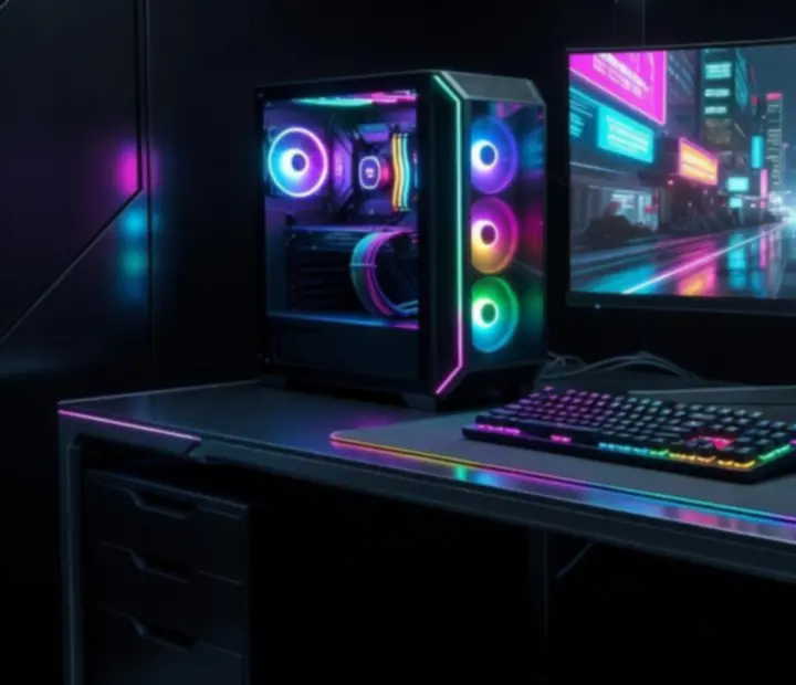 Nowoczesne stanowisko gamingowe z podświetlanym PC, klawiaturą mechaniczną i ultrapanoramicznym monitorem z włączoną grą