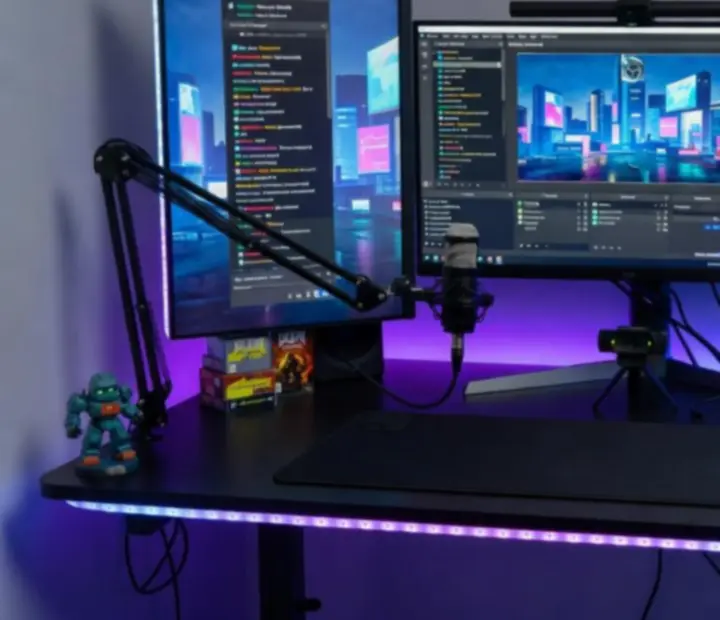 Profesjonalne stanowisko streamera z mikrofonem, kamerą i podwójnym monitorem