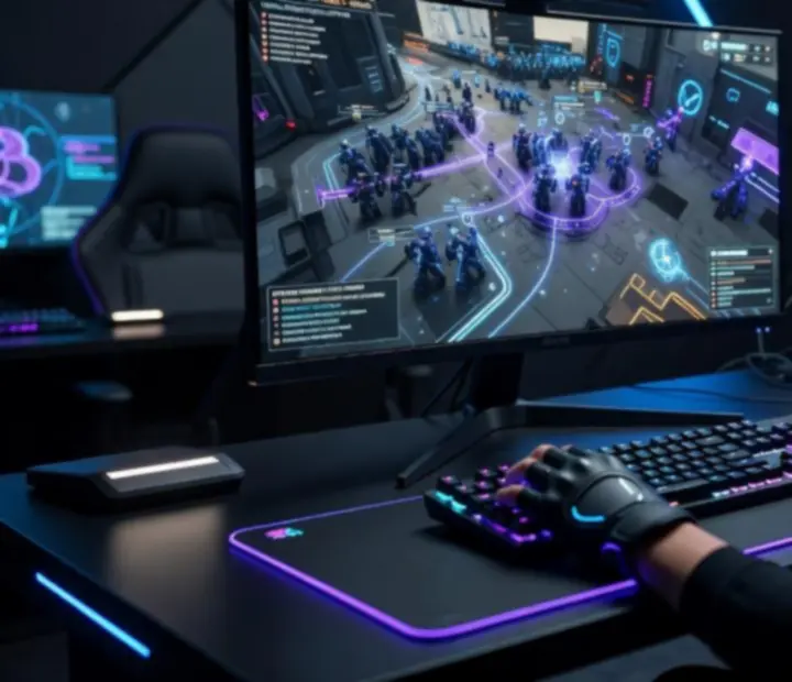 Ciemne futurystyczne stanowisko gracza PC z widoczną mapą strategiczną na monitorze