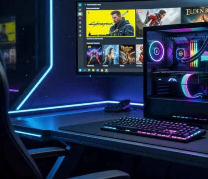 Kolaż najlepszych gier PC 2024 z dynamicznymi ujęciami różnych gatunków